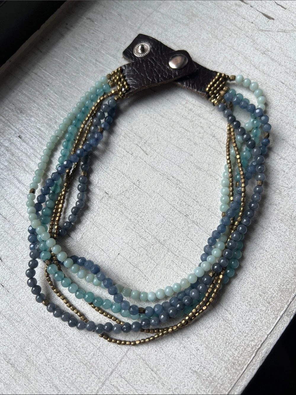 Multi-Strand Aqua and Gray Beaded Bracelet with Gold Accents